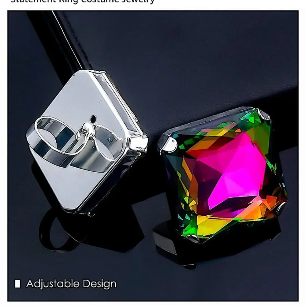 Exaggerated Mystic Fire Silver Crystal Stone Cocktail Ring